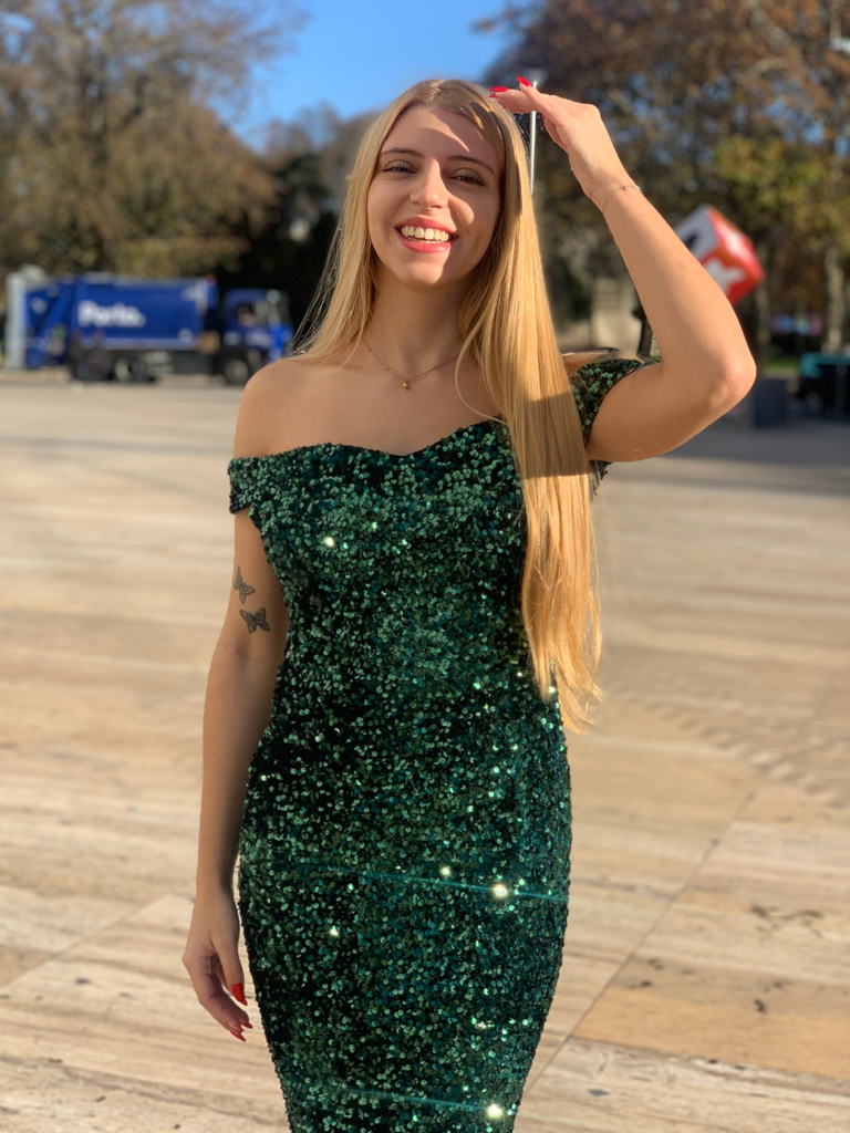 Robe crayon verte à épaules dénudées à paillettes des années 1960