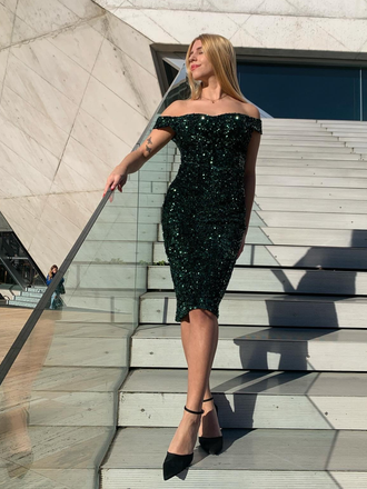Robe crayon verte à épaules dénudées à paillettes des années 1960