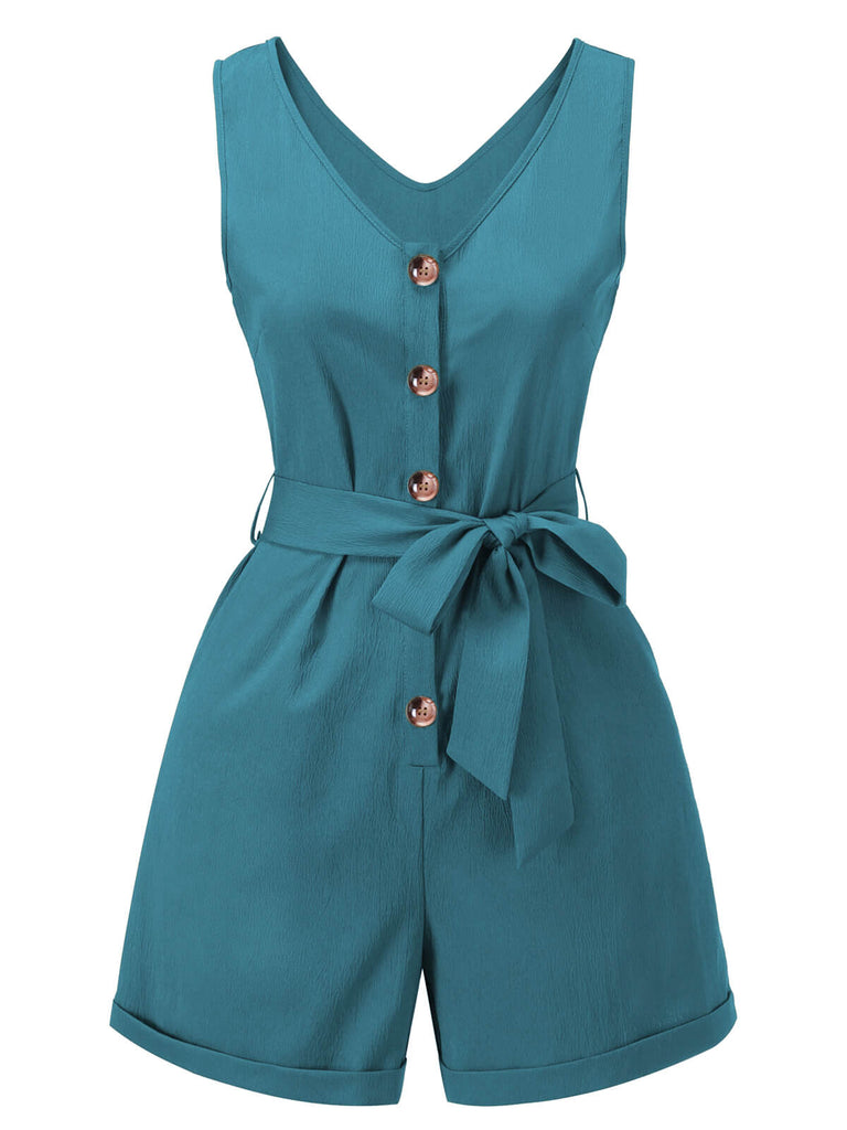 Combishort à nouer boutonnée à col en V vert armée des années 1950