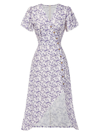 Robe violette col V et boutons motif lapin et fleurs années 40