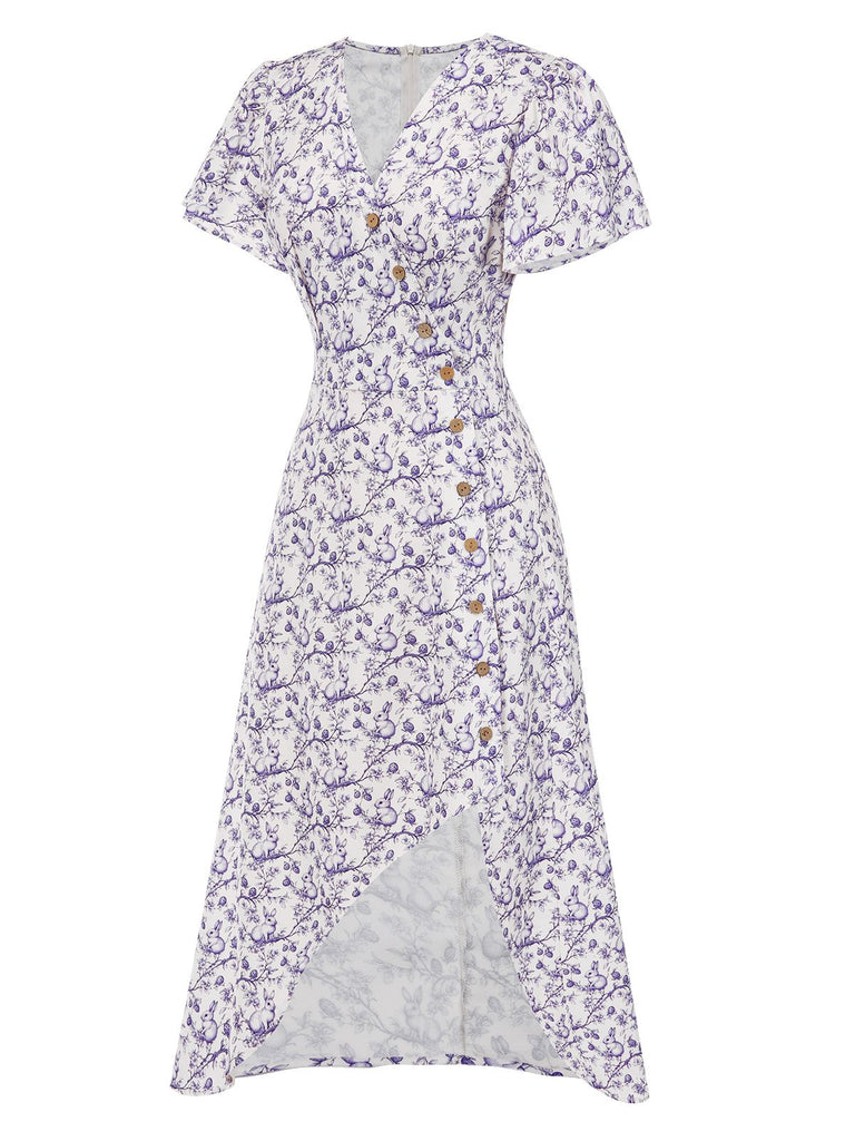 Robe violette col V et boutons motif lapin et fleurs années 40