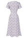 Robe violette col V et boutons motif lapin et fleurs années 40