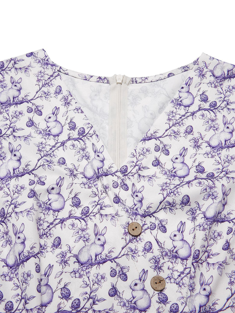 Robe violette col V et boutons motif lapin et fleurs années 40