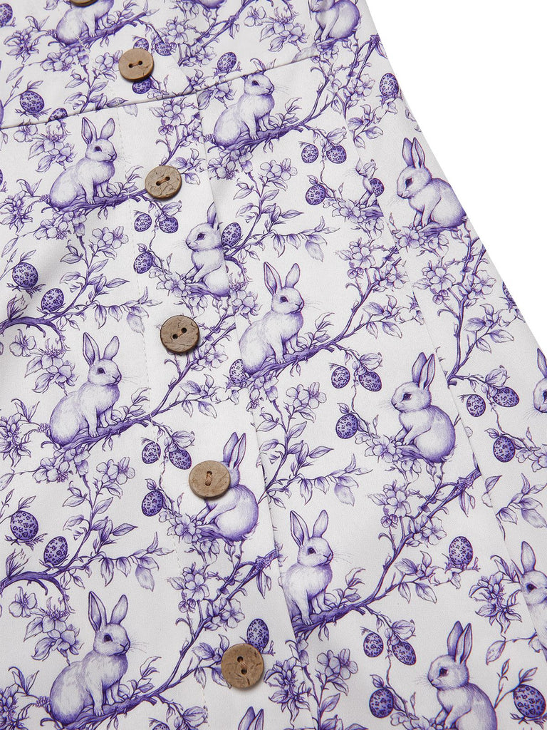Robe violette col V et boutons motif lapin et fleurs années 40