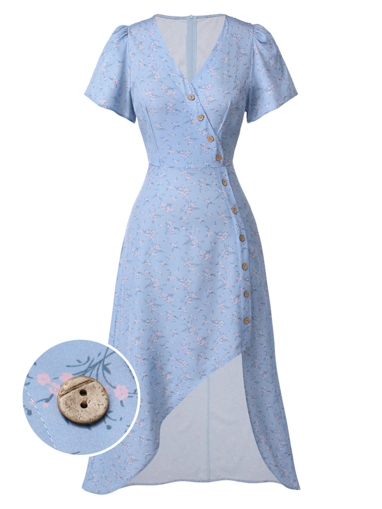 Robe violette col V et boutons motif lapin et fleurs années 40