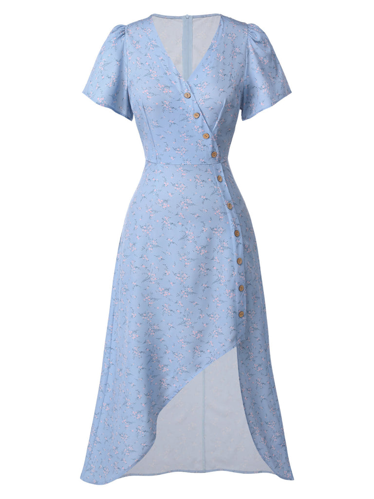 Robe violette col V et boutons motif lapin et fleurs années 40