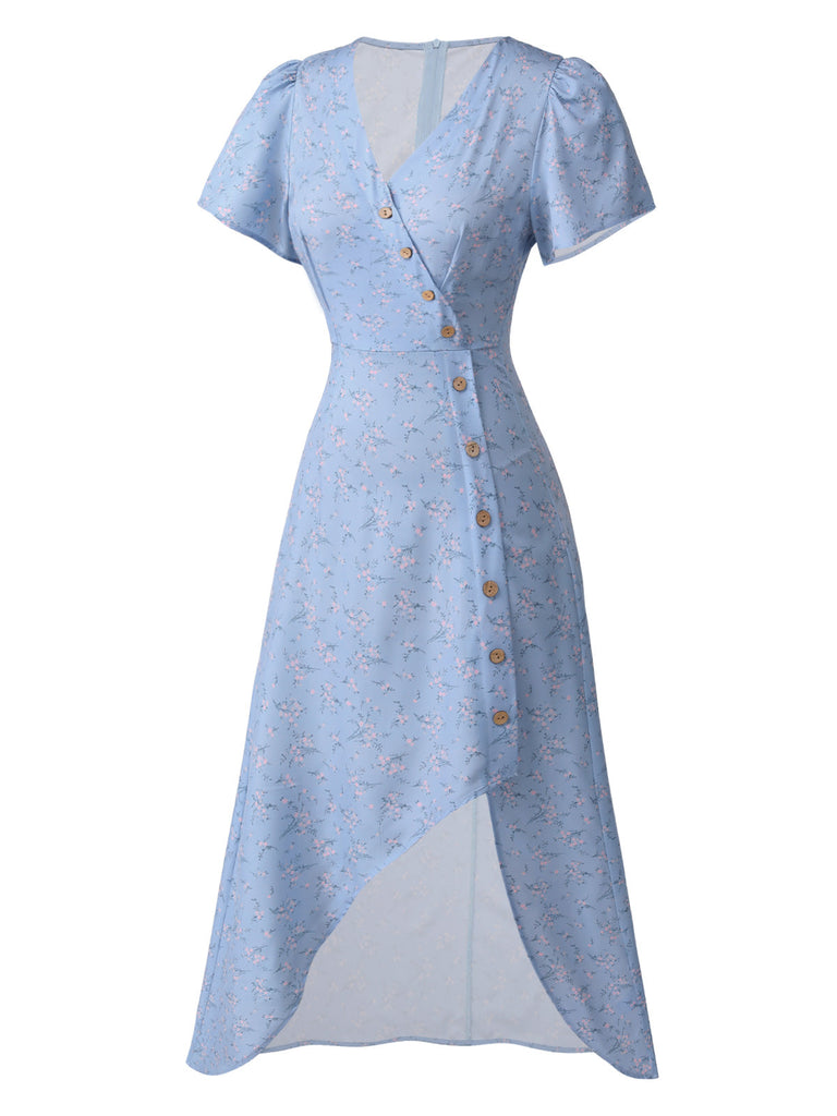 Robe violette col V et boutons motif lapin et fleurs années 40