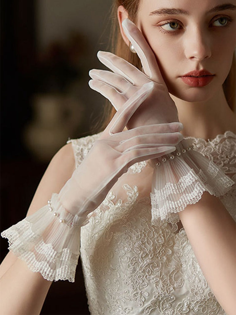 Gants transparents rétro à bordures en dentelle et perles