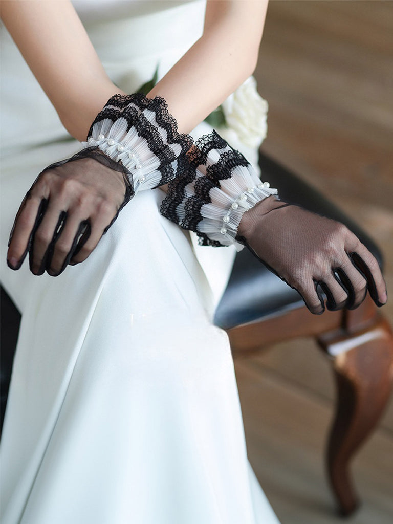 Gants transparents rétro à bordures en dentelle et perles