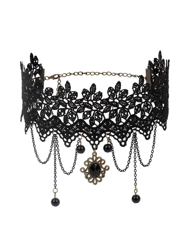 Collier ras du cou gothique vintage en dentelle brodée