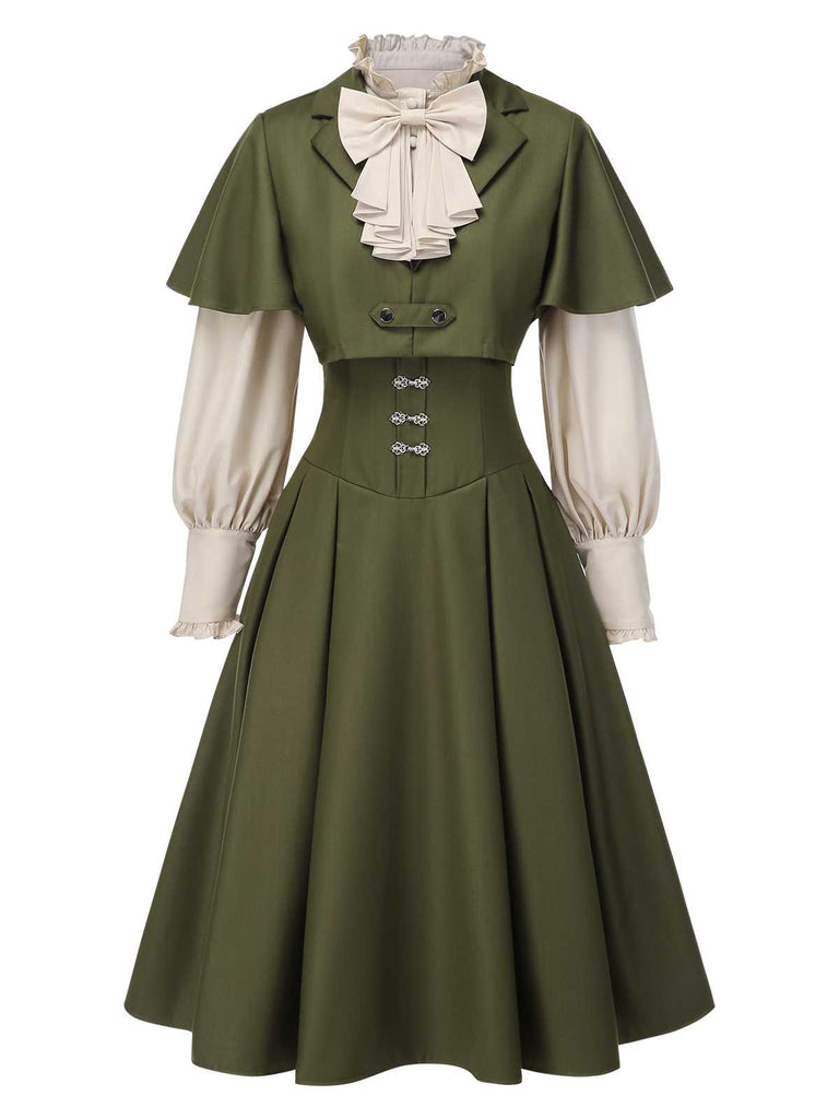 [Prévente] 2PCS robe vertes victoriennes col jabot et nœud et cape courte années 1950