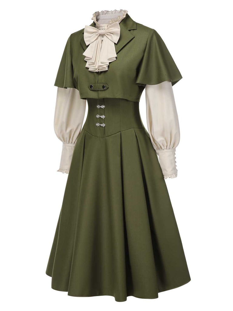 [Prévente] 2PCS robe vertes victoriennes col jabot et nœud et cape courte années 1950