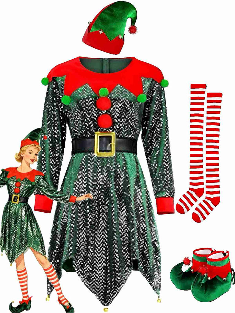 Ensemble de costume d'elfe de Noël à paillettes vertes des années 1950