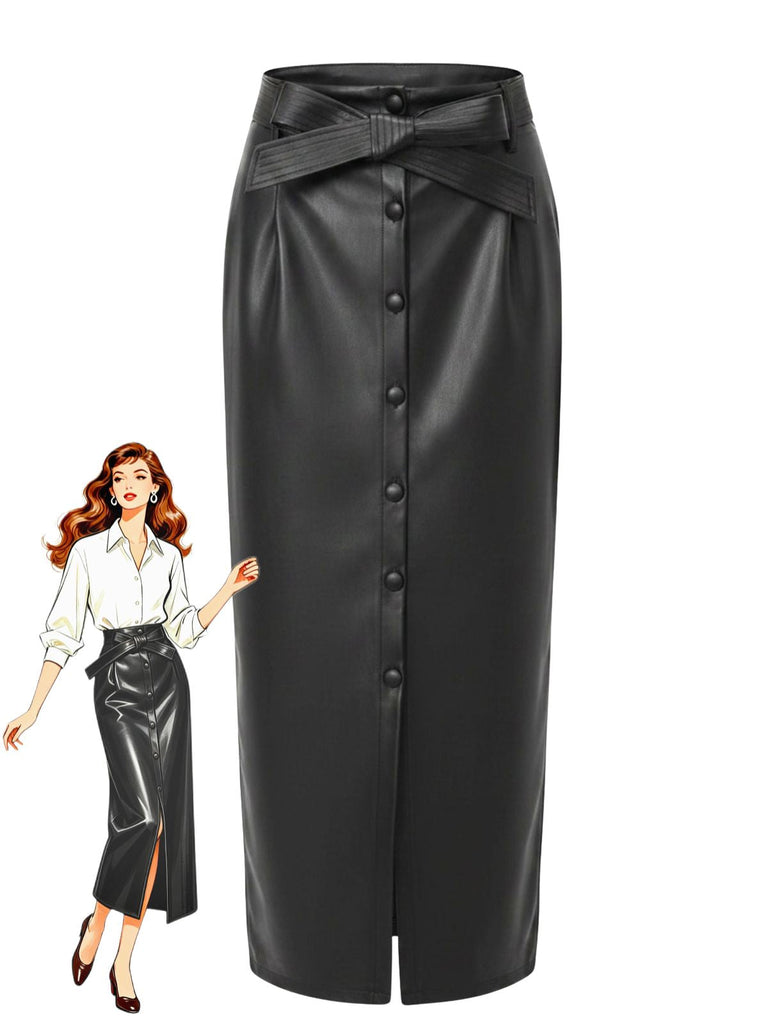 Skirt Taille Haute PU Leather Fendu Ceinturé Maxi Années 1970