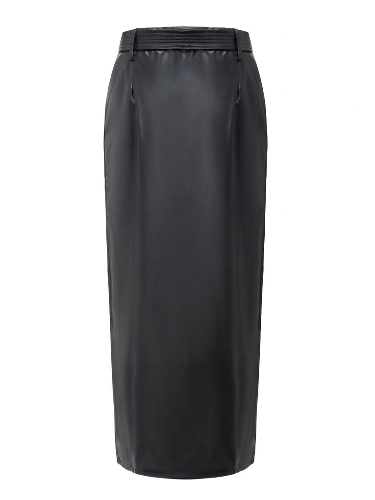 Skirt Taille Haute PU Leather Fendu Ceinturé Maxi Années 1970 3