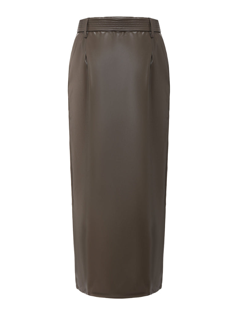 Skirt Taille Haute PU Leather Fendu Ceinturé Maxi Années 1970 5