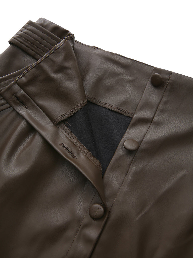 Skirt Taille Haute PU Leather Fendu Ceinturé Maxi Années 1970 7