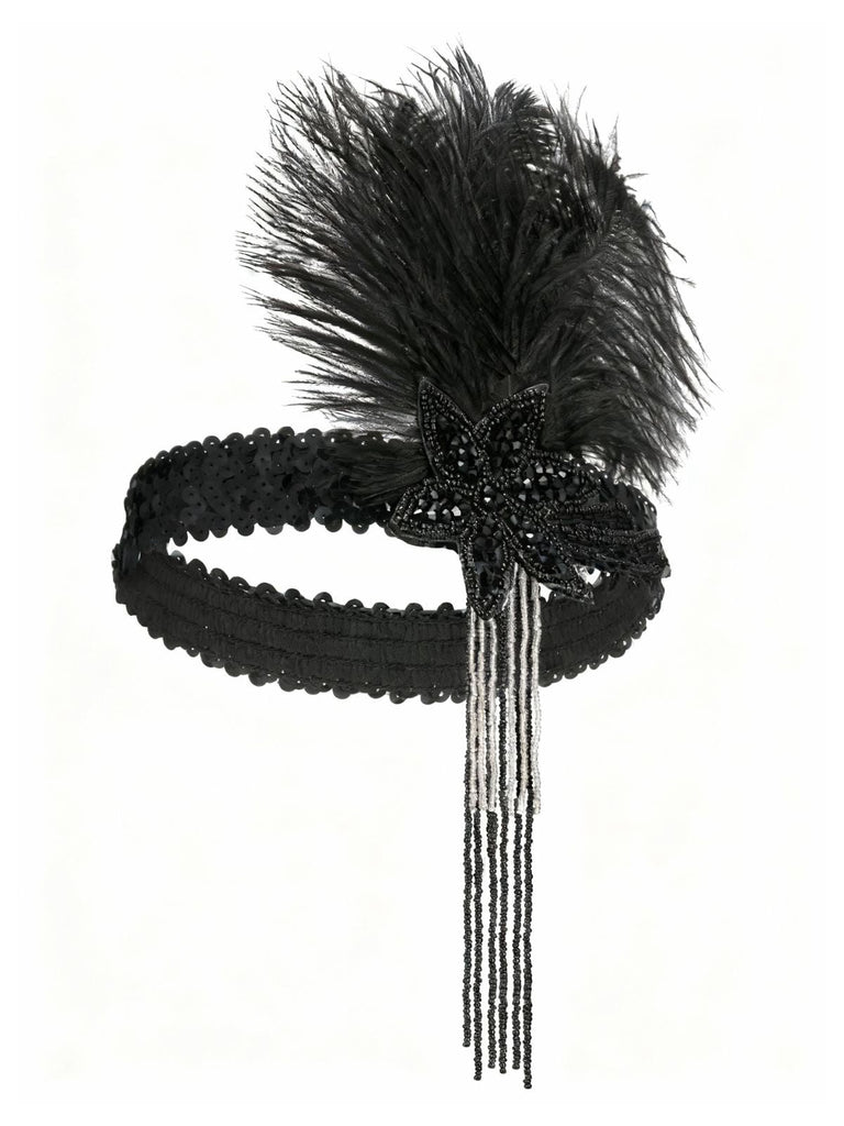 Coiffe plumes sequins et perles Gatsby années 1920