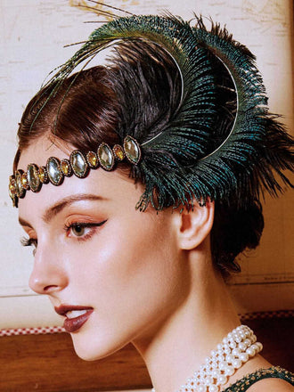 Bandeau Gatsby plumes de paon strass années 1920