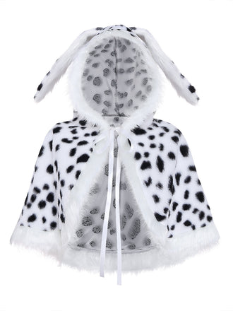 Cape blanche à capuche de méchante en fausse fourrure motif dalmatien années 1970