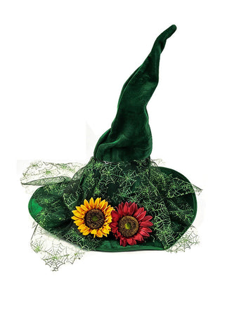 Chapeau de sorcière vert Halloween en feutre à tulle floral
