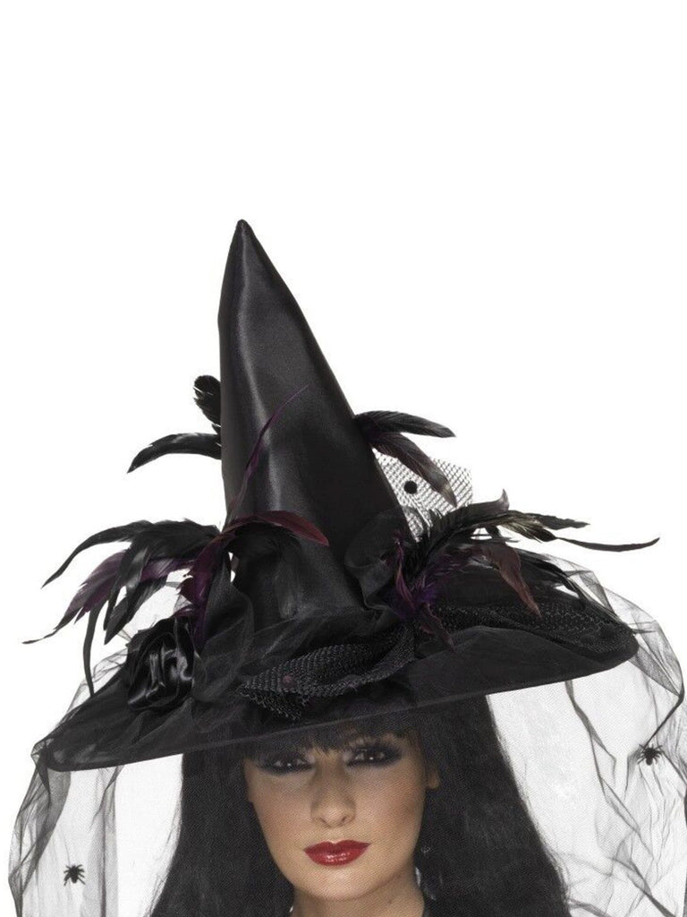 Chapeau de sorcière gothique pointu à plumes et voilette