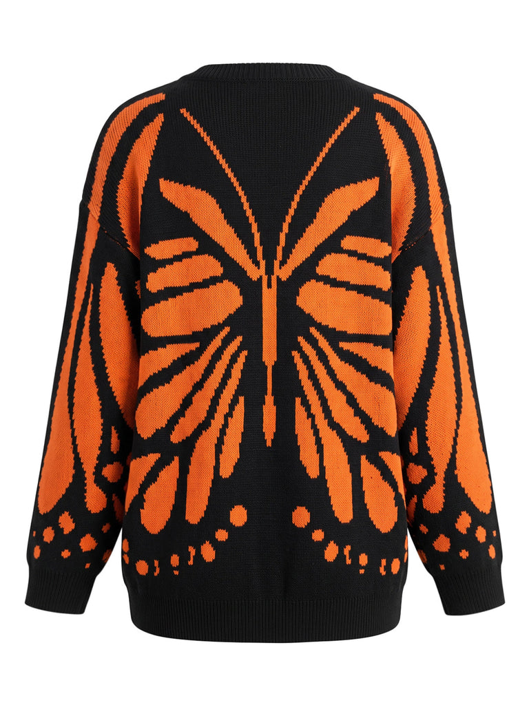 Cardigan Tricoté Papillon Monarque Orange Années 1950
