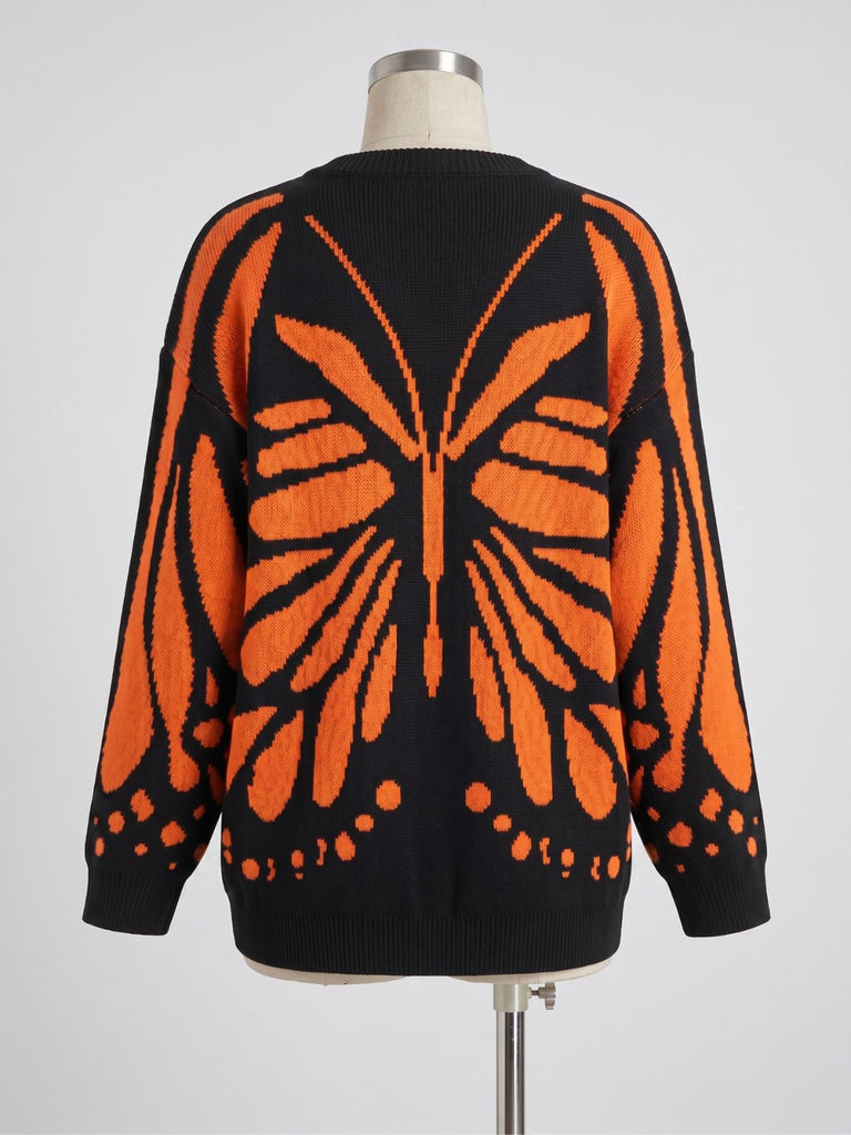 Cardigan Tricoté Papillon Monarque Orange Années 1950