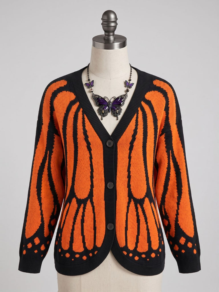 Cardigan Tricoté Papillon Monarque Orange Années 1950