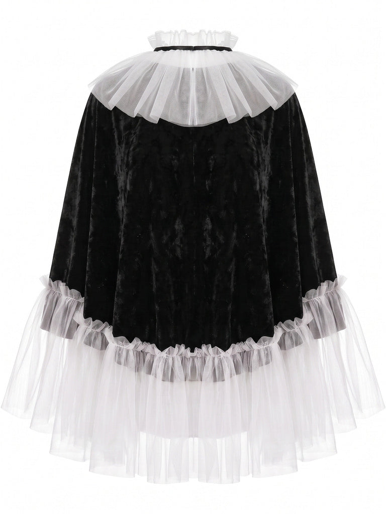 Ensemble gothique de clown en velours et tulle avec cape à pompons et collants années 1980