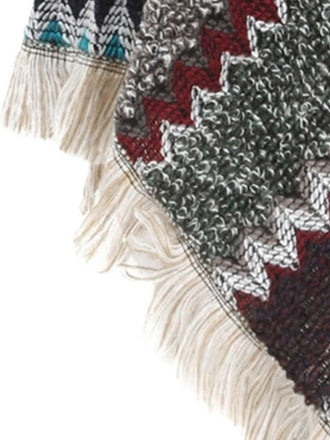 Cape poncho bohème en maille à chevrons et franges Années 1970 - 2