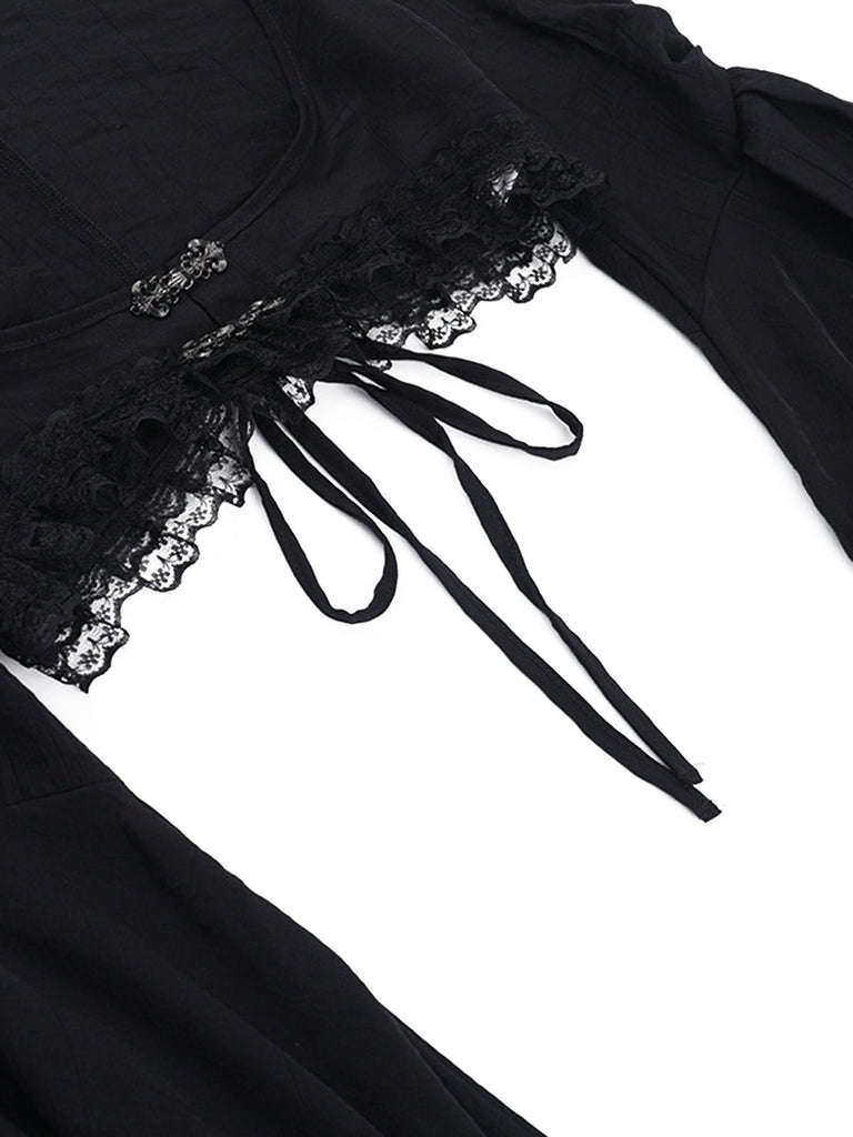 Cape gothique noire en dentelle à manches cloche années 1970