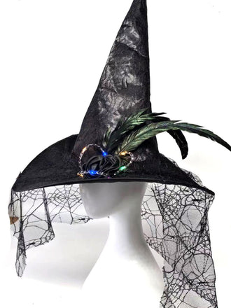 Chapeau de sorcière Halloween lumineux à plumes et dentelle toile d’araignée - 1