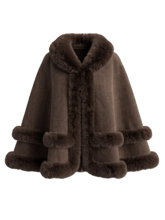 Cape chaude en suédine doublée de peluche et bordée de fausse fourrure années 1950 - 1