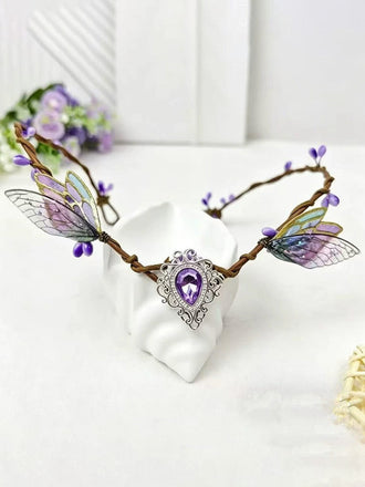 Coiffe féerique verte à ailes, style forêt enchantée