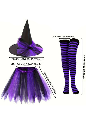 Ensemble d’accessoires d’Halloween avec chapeau de sorcière, bas rayés et tutu