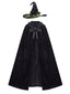Cape noire velours capuche chapeau pour déguisement sorcière d'Halloween années 80