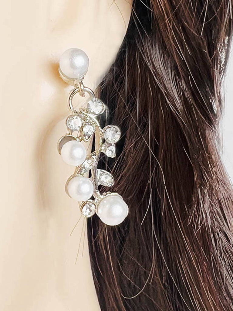 Ensemble collier et boucles d'oreilles feuilles de strass et perles blanches