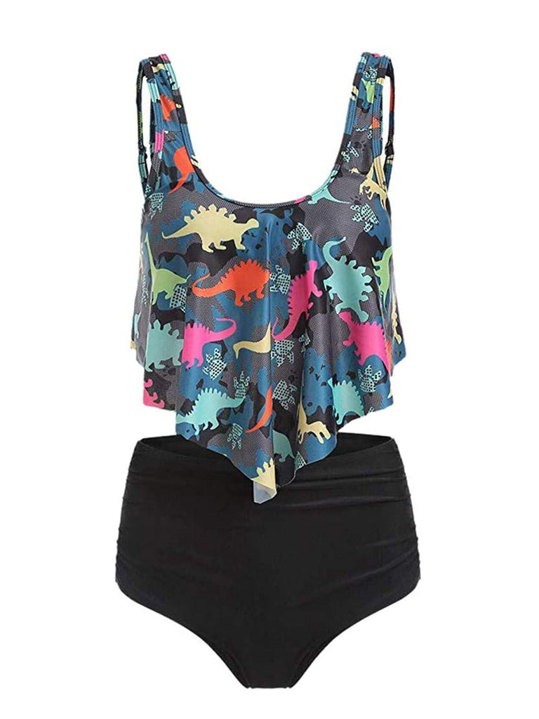 Ensemble Tankini Gris Foncé 1950s Retro Dinosaure