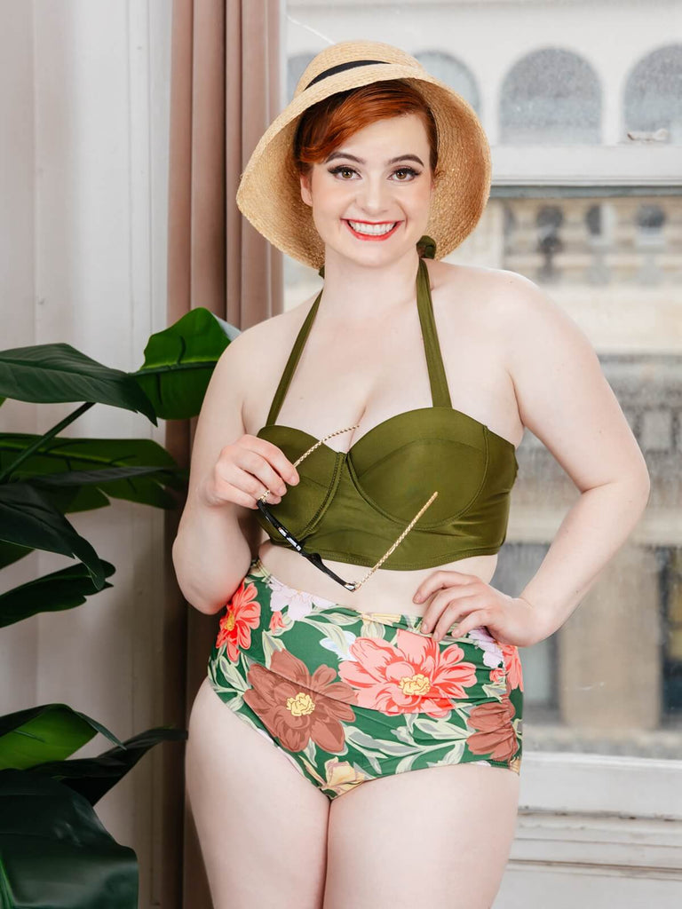 Maillot de Bain Vert Floral à Col Licou