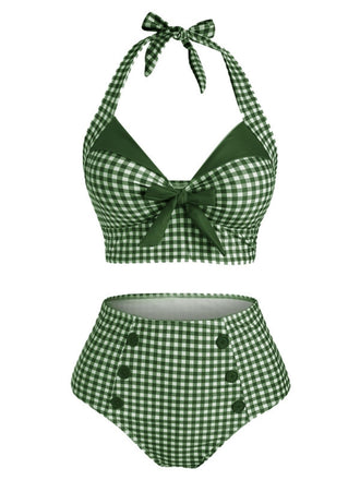 Maillot de Bain à Col Licou Verte à Carreaux des années 1950