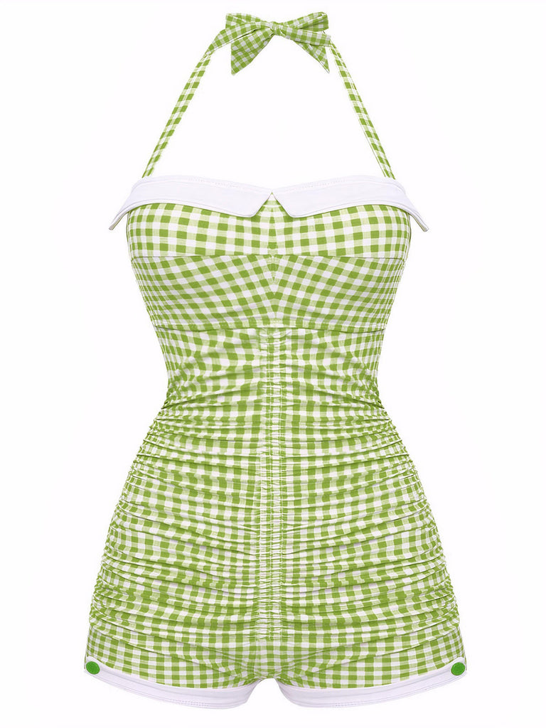 Maillot de Bain une Pièce à Carreaux et Nœud Papillon Vert Clair