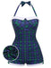 Maillot de bain une pièce Bleu et vert carreaux vichy dos nu et nœud papillon années 1950