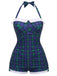 Maillot de bain une pièce Bleu et vert carreaux vichy dos nu et nœud papillon années 1950