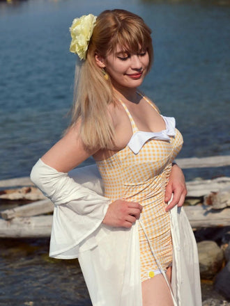 Maillot de Bain Une Pièce à Carreaux et Nœud Papillon