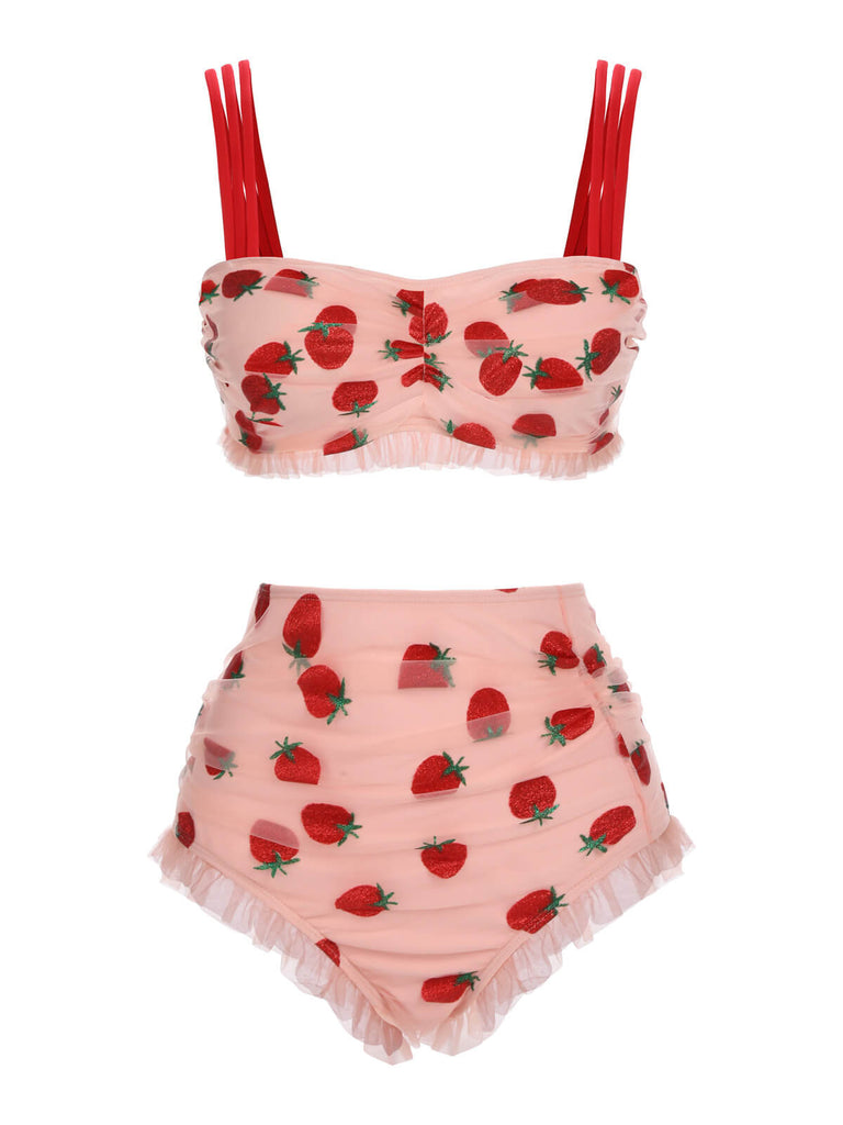 Ensemble Tankini Cami Fraise en Dentelle Retro