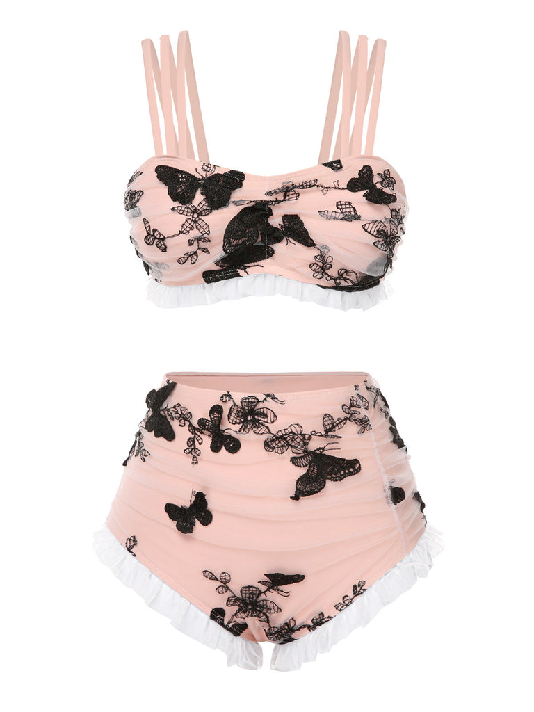 [Pré-vente] Ensemble bikini beige à bretelles papillon en maille années 1950