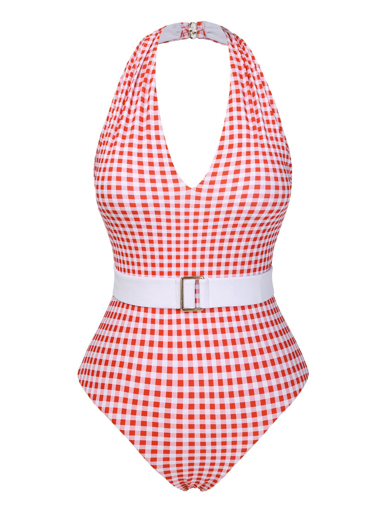 [Prévente] Maillot de bain une pièce rouge Carreaux Vintage À Col Licou