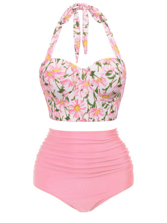 Ensemble de Bikini à Lacets et Licou à Fleurs Rose