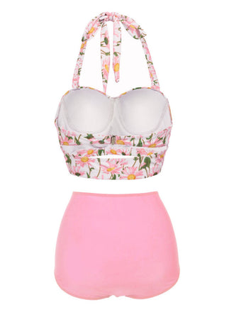 Ensemble de Bikini à Lacets et Licou à Fleurs Rose